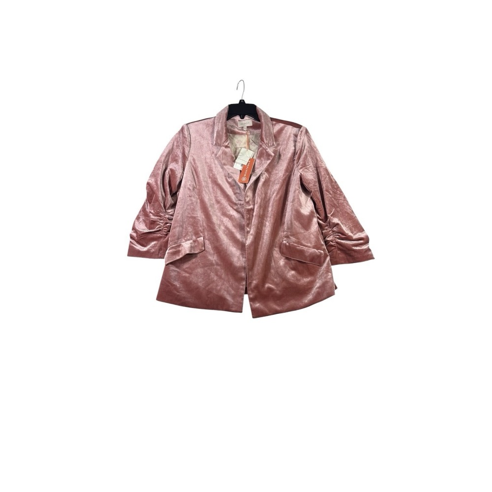 Skies Are Blue Pink Velvet Blazer Women's Large Ruched Sleeve Open Front Jacket